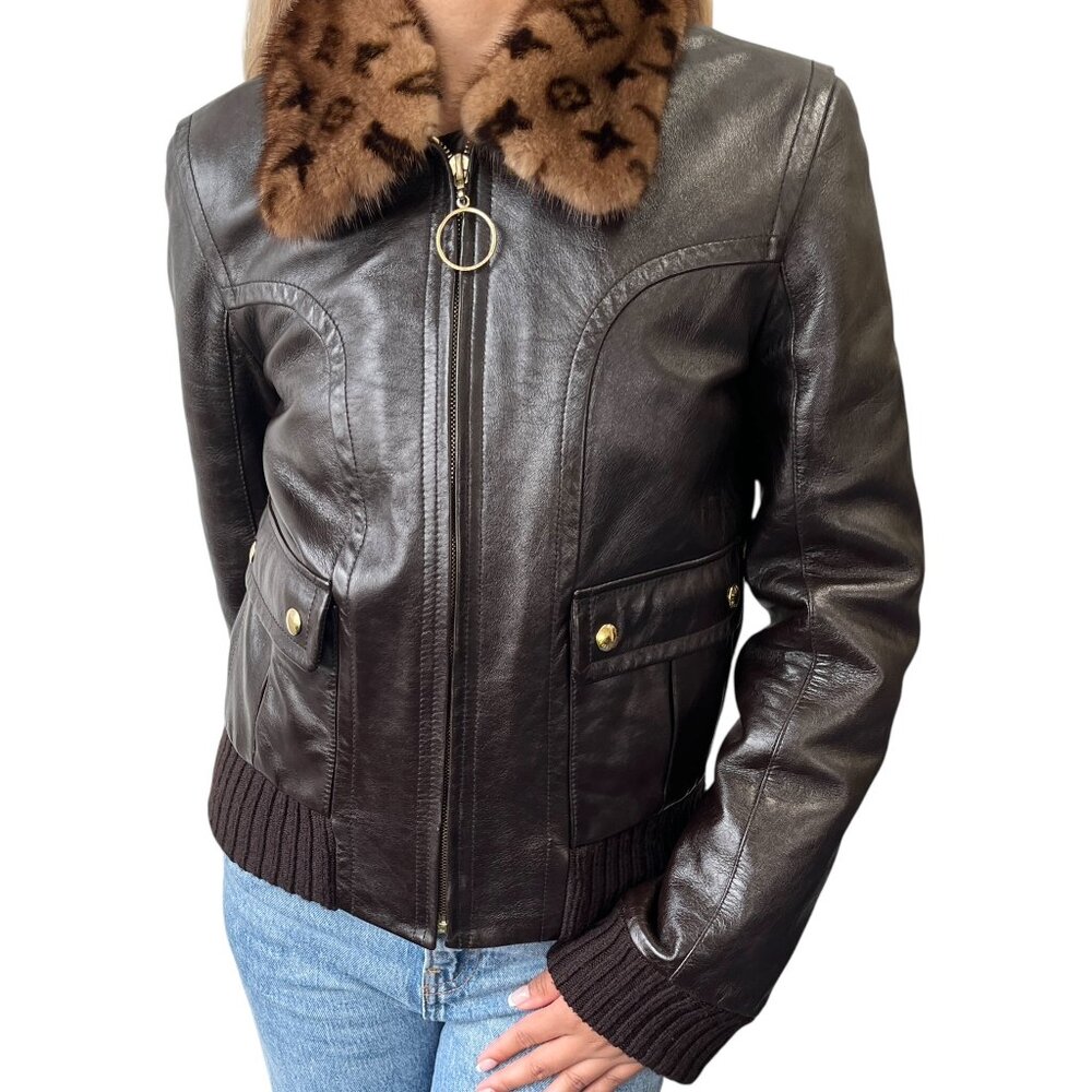LOUIS VUITTON Vintage LV Monogram Logo Fur Leather Jacket #36 Zip Brown [106016]